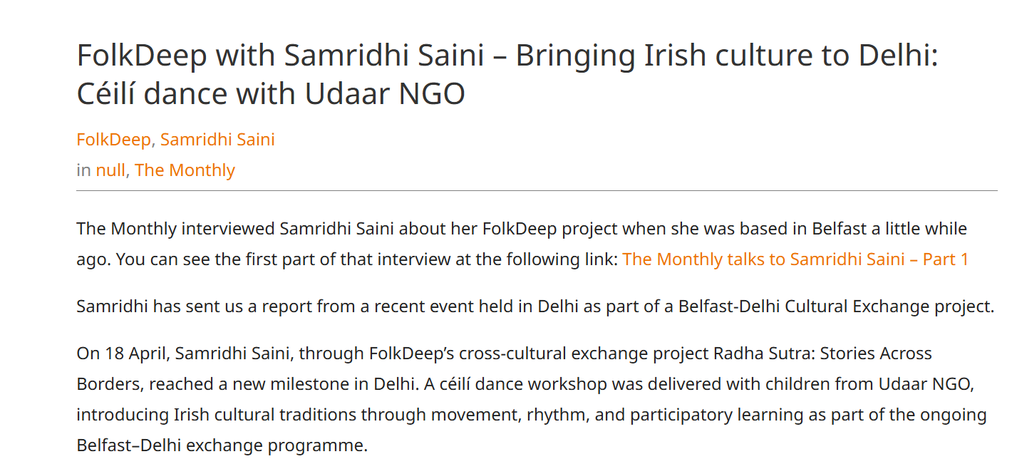 Radha Sutra Featured by Community Arts Partnership: Bringing Irish Céilí Dance to Delhi