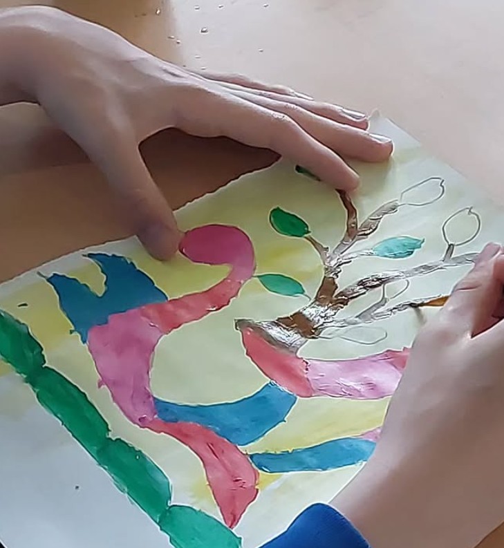 A student at Hazelwood Integrated College creates a Gond-inspired artwork during the final workshop of Phase Two of Radha Sutra: Stories Across Borders, exploring storytelling through nature, colour and imagination.