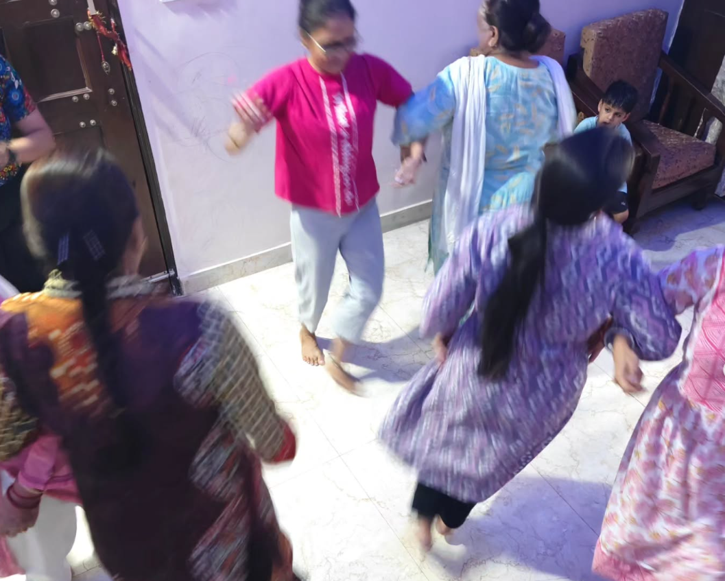 Women in Delhi take part in a Céilí dance workshop as part of Radha Sutra: Stories Across Borders, celebrating Irish culture, movement and intercultural exchange.