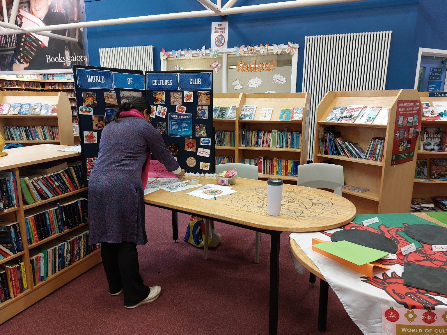 World of Cultures Club workshop setup in a school library